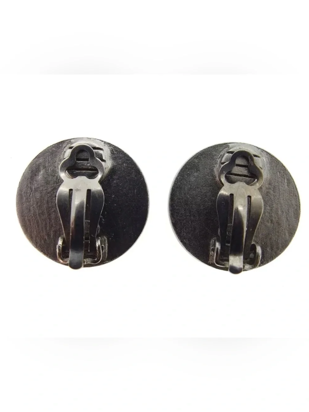 CHANEL Black Embossed Leather Round Clip-On Earrings